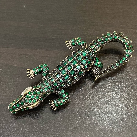 Antique Style Green Alligator Gator Crocodile Rhinestones Bling Brooch - Picture 5 of 12
